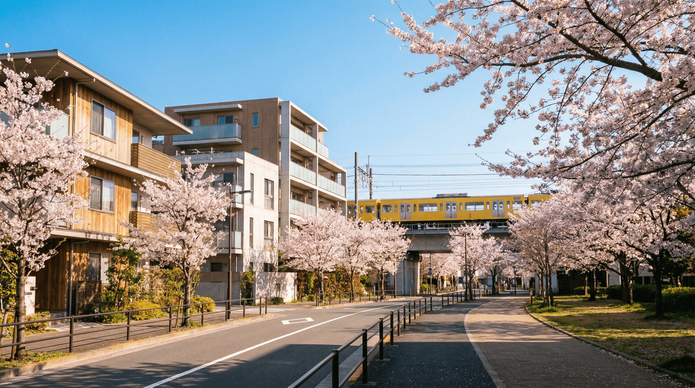 西武線沿線の住宅街と桜並木