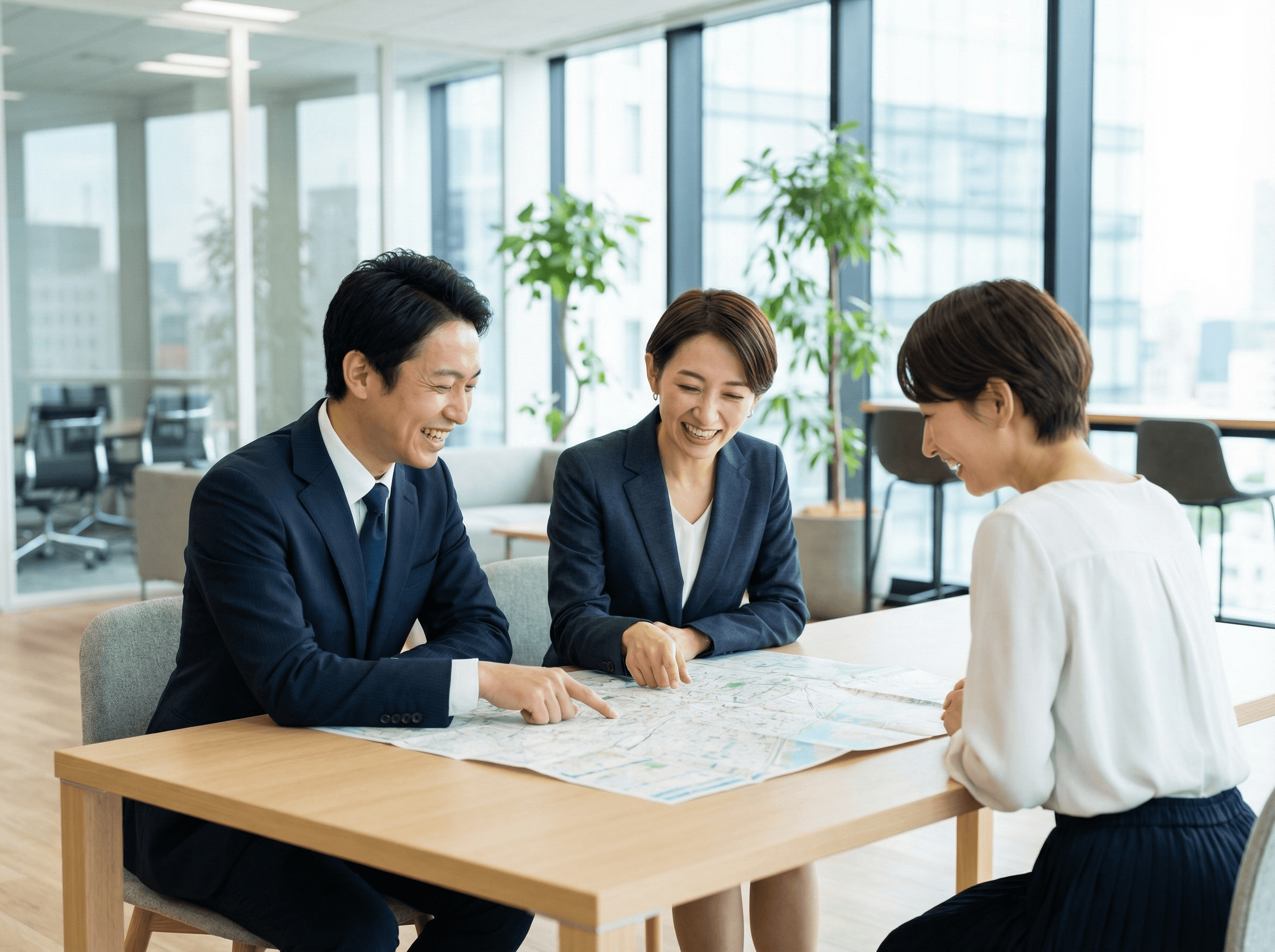 地域密着で働くスタッフがお客様と地図を見ながら会話
